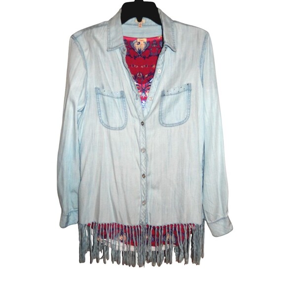 Reba 2 Piece Small Soft Fringed LS Shirt & SS Blouse Floral Print Rhinestones - Picture 2 of 6